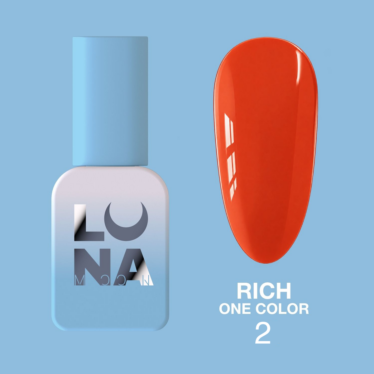 Bote del esmalte semipermanente LUNAmoon Rich One Color Nº2 con muestra del tono naranja teja