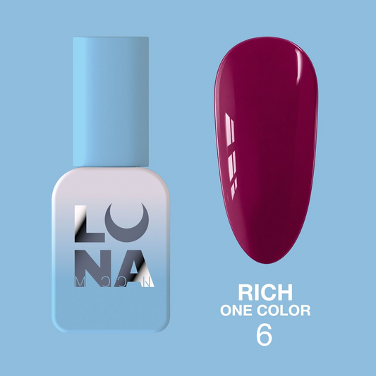 Bote del esmalte semipermanente LUNAmoon Rich One Color Nº6 con muestra del tono fucsia vino