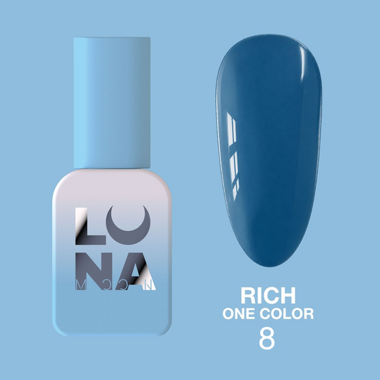 Bote del esmalte semipermanente LUNAmoon Rich One Color Nº8 con muestra del tono azul petróleo