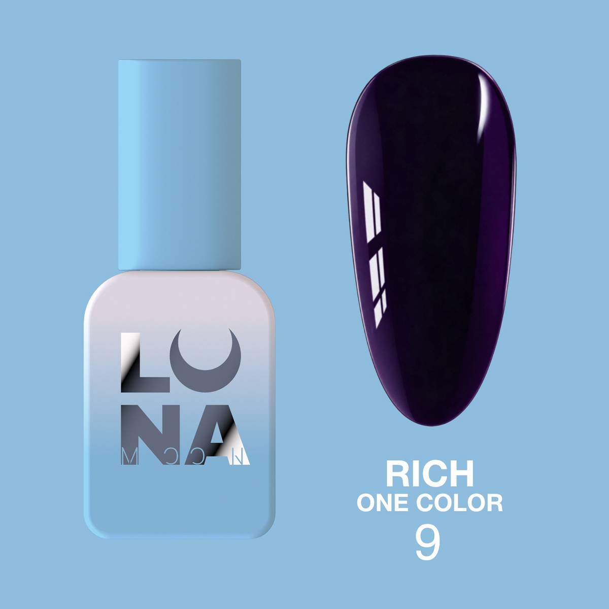 Bote del esmalte semipermanente LUNAmoon Rich One Color Nº9 con muestra del tono morado berenjena