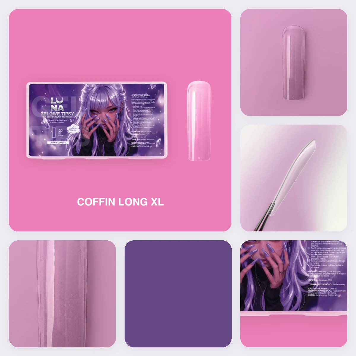 Gel Tips LUNAmoon Coffin Long XL – detalles del producto y tono del color
