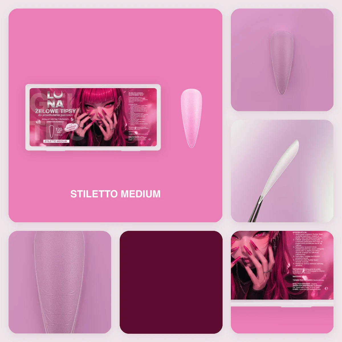 Gel Tips LUNAmoon Stiletto Medium – detalles del producto y tono del color