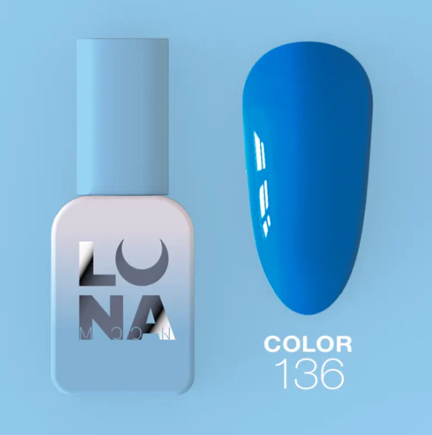 Esmalte semipermanente Luna Moon Color 136 8ml azul intenso con botella y muestra