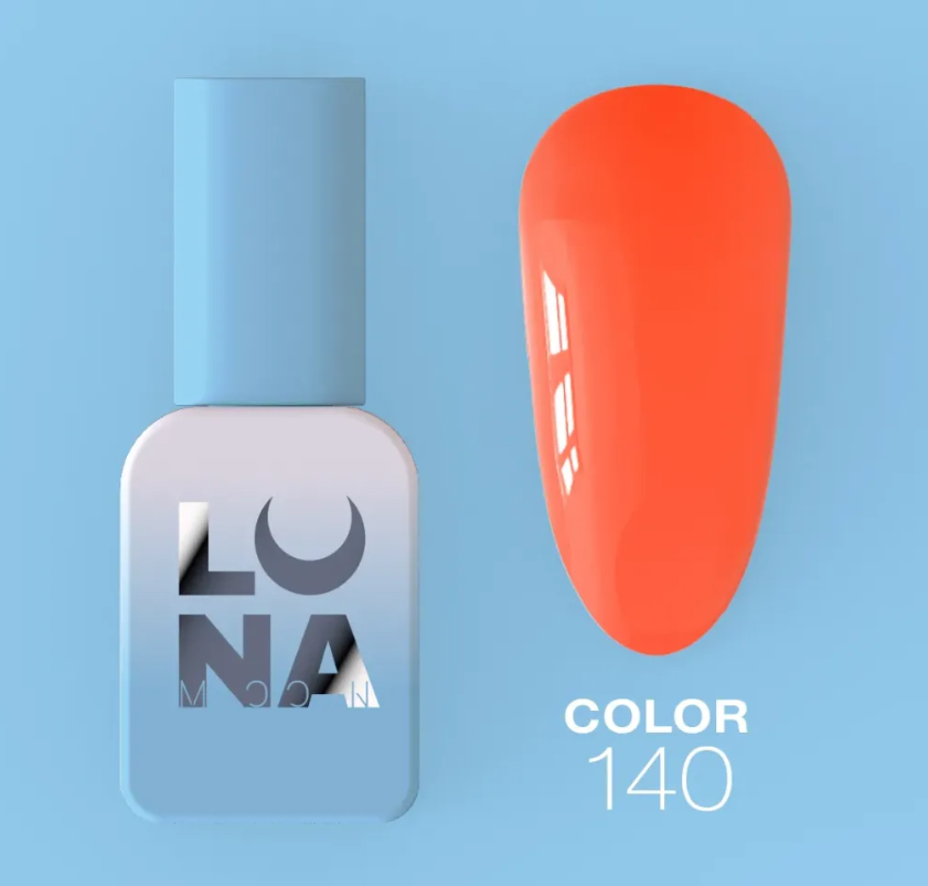 Esmalte semipermanente Luna Moon Color 140 8ml naranja coral con botella y muestra