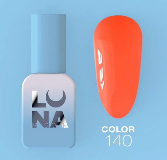 Esmalte semipermanente Luna Moon Color 140 8ml naranja coral con botella y muestra