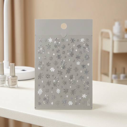 Pegatinas copos de nieve Navidad con fondo profesional de salón de uñas