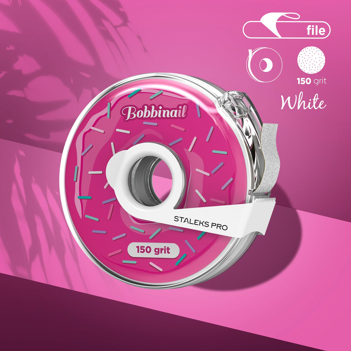 Cinta abrasiva adhesiva Staleks Expert grano 150 en estuche rosa con dispensador, marca Bobbinail