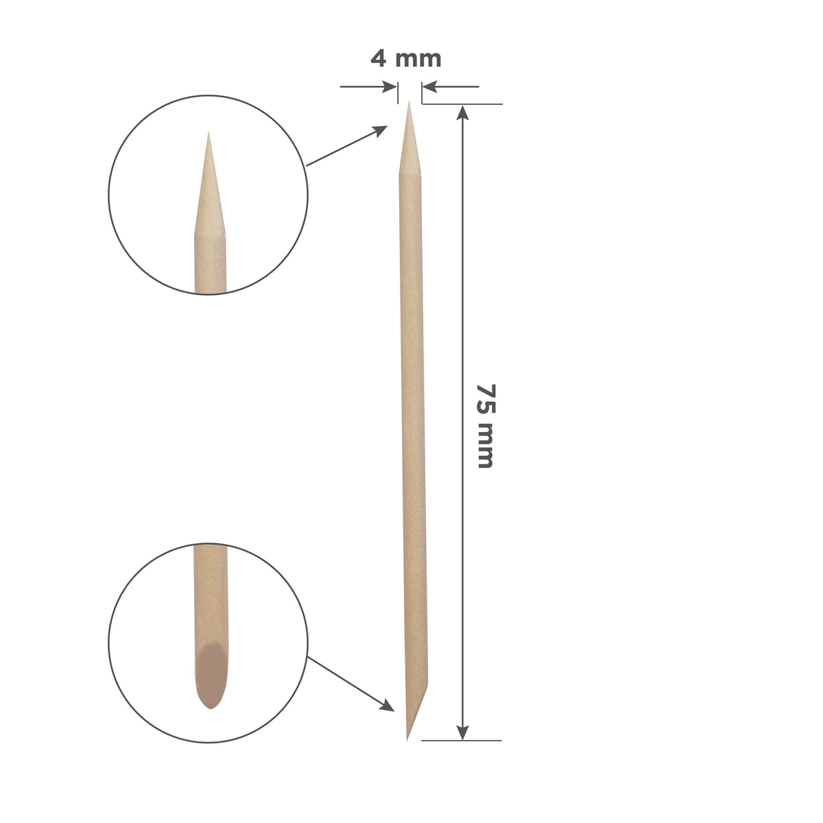 Medidas del palito de naranjo Staleks: 75 mm de largo y 4 mm de ancho