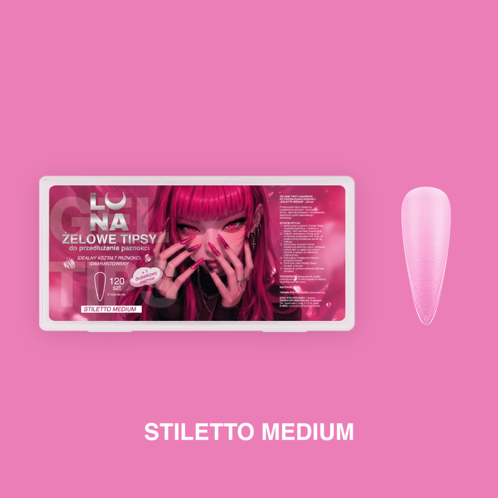 Gel Tips LUNAmoon Stiletto Medium - packaging y forma stiletto