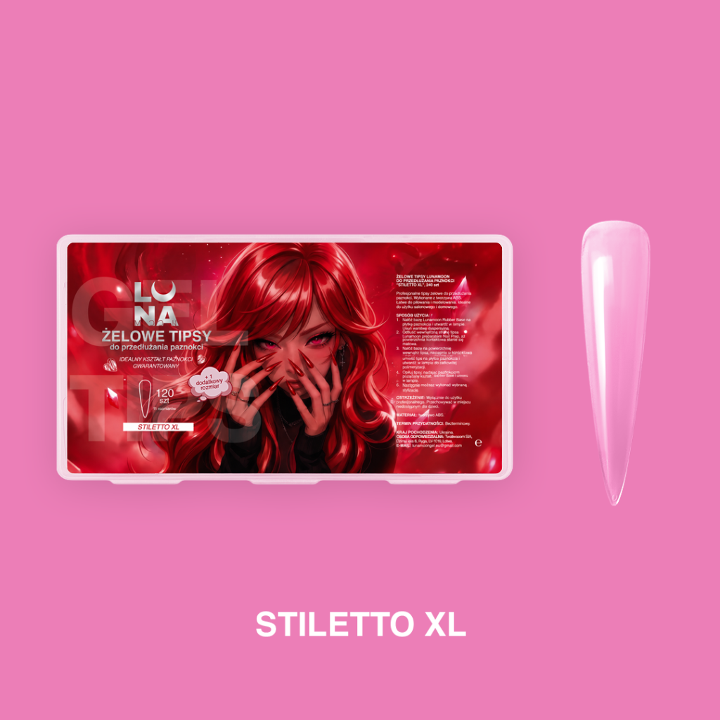 Gel Tips LUNAmoon Stiletto XL - packaging y forma stiletto larga