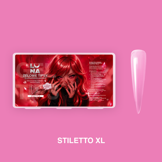 Gel Tips LUNAmoon Stiletto XL - packaging y forma stiletto larga