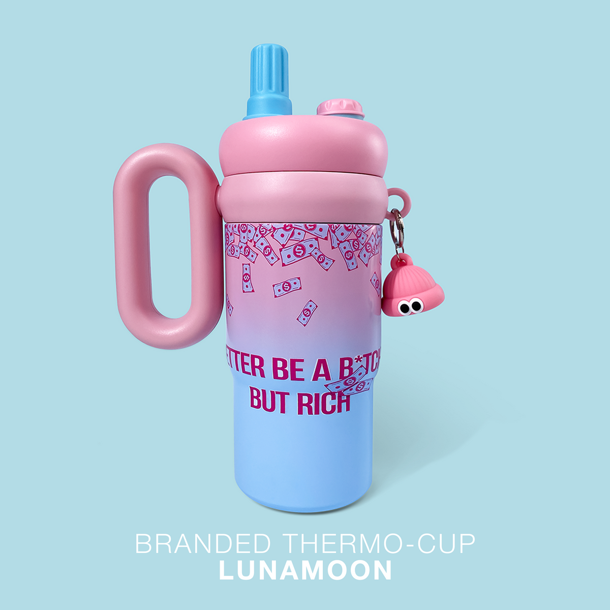Termo LUNAmoon de 800 ml en degradado rosa y azul, con asa y tapa con pajita