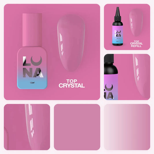 Top Coat Crystal LUNAmoon – envase, muestra aplicada y tono del color