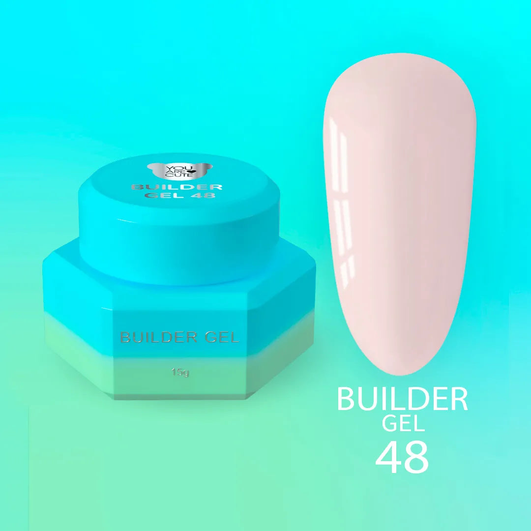 Bote del Builder Gel nr48 de You Are Cute junto a una uña de muestra en tono beige lechoso muy claro