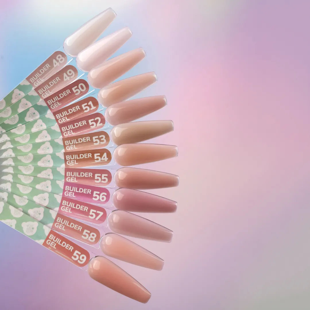 Muestrario de los 12 tonos de Builder Gel You Are Cute, del nr48 al nr59, entre ellos el nr50