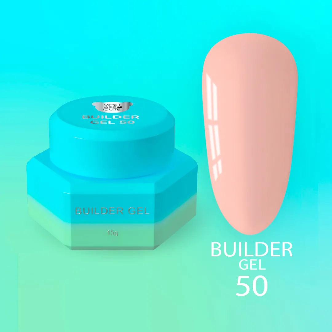 Bote del Builder Gel nr50 de You Are Cute junto a una uña de muestra en tono nude rosado