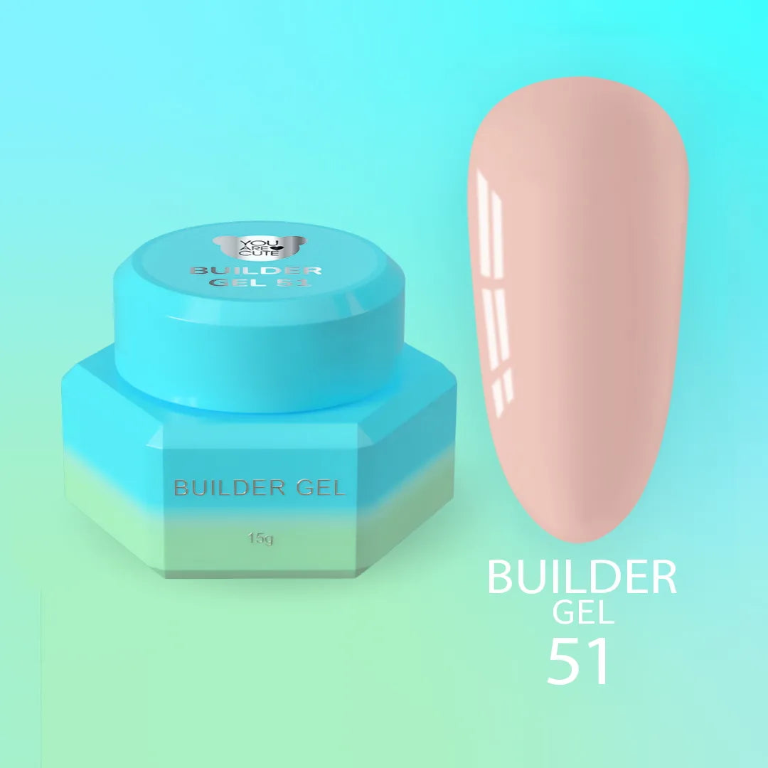 Bote del Builder Gel nr51 de You Are Cute junto a una uña de muestra en tono nude beige rosado