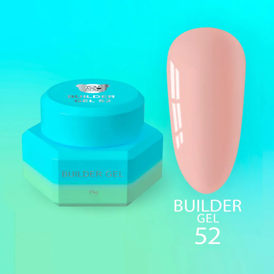 Bote del Builder Gel nr52 de You Are Cute junto a una uña de muestra en tono nude rosado tostado