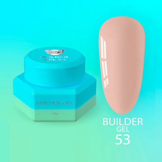 Bote del Builder Gel nr53 de You Are Cute junto a una uña de muestra en tono beige caramelo