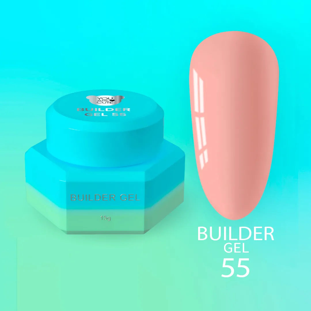 Bote del Builder Gel nr55 de You Are Cute junto a una uña de muestra en tono rosa salmón empolvado