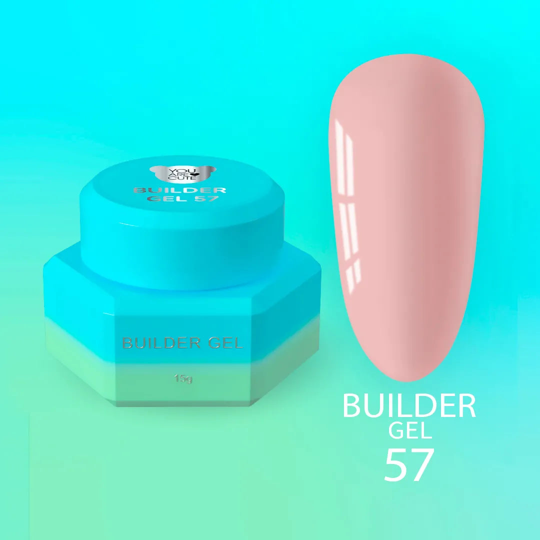 Bote del Builder Gel nr57 de You Are Cute junto a una uña de muestra en tono malva rosado claro