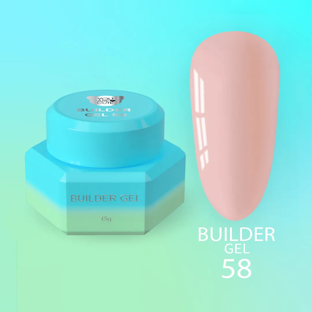 Bote del Builder Gel nr58 de You Are Cute junto a una uña de muestra en tono melocotón claro