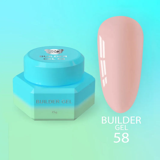 Bote del Builder Gel nr58 de You Are Cute junto a una uña de muestra en tono melocotón claro