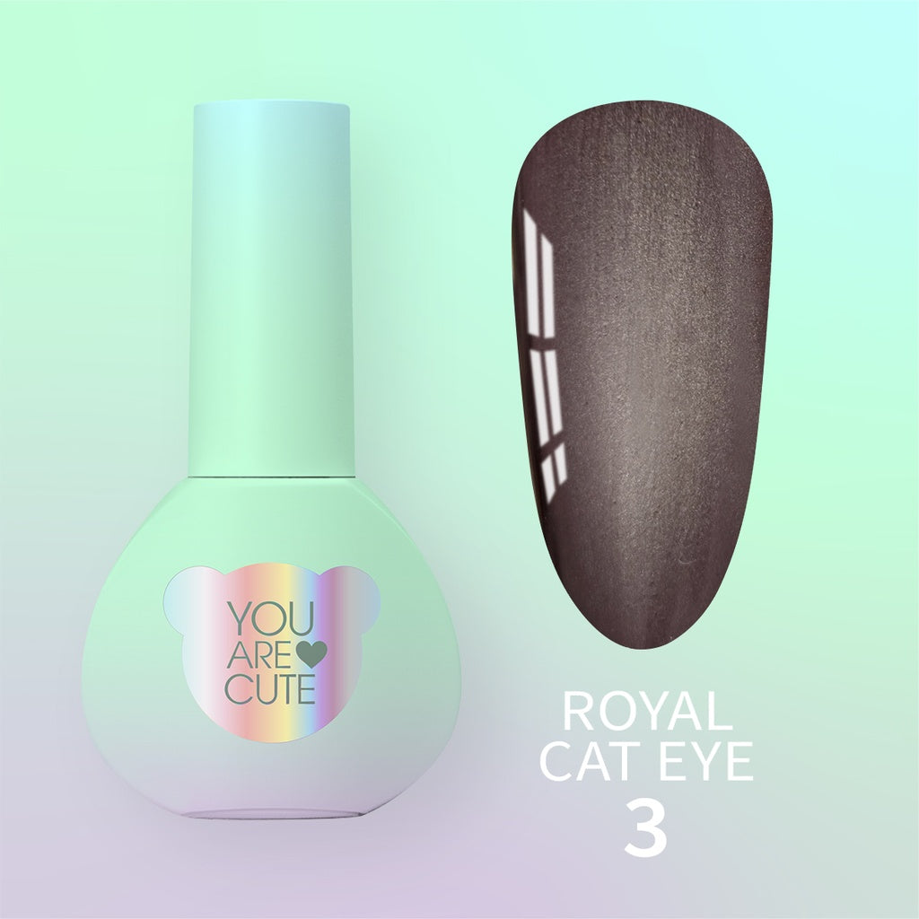 Frasco del esmalte semipermanente You Are Cute Royal Cat Eye nr3 junto a una uña de muestra en tono gris grafito