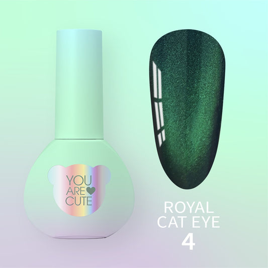 Frasco del esmalte semipermanente You Are Cute Royal Cat Eye nr4 junto a una uña de muestra en tono verde esmeralda